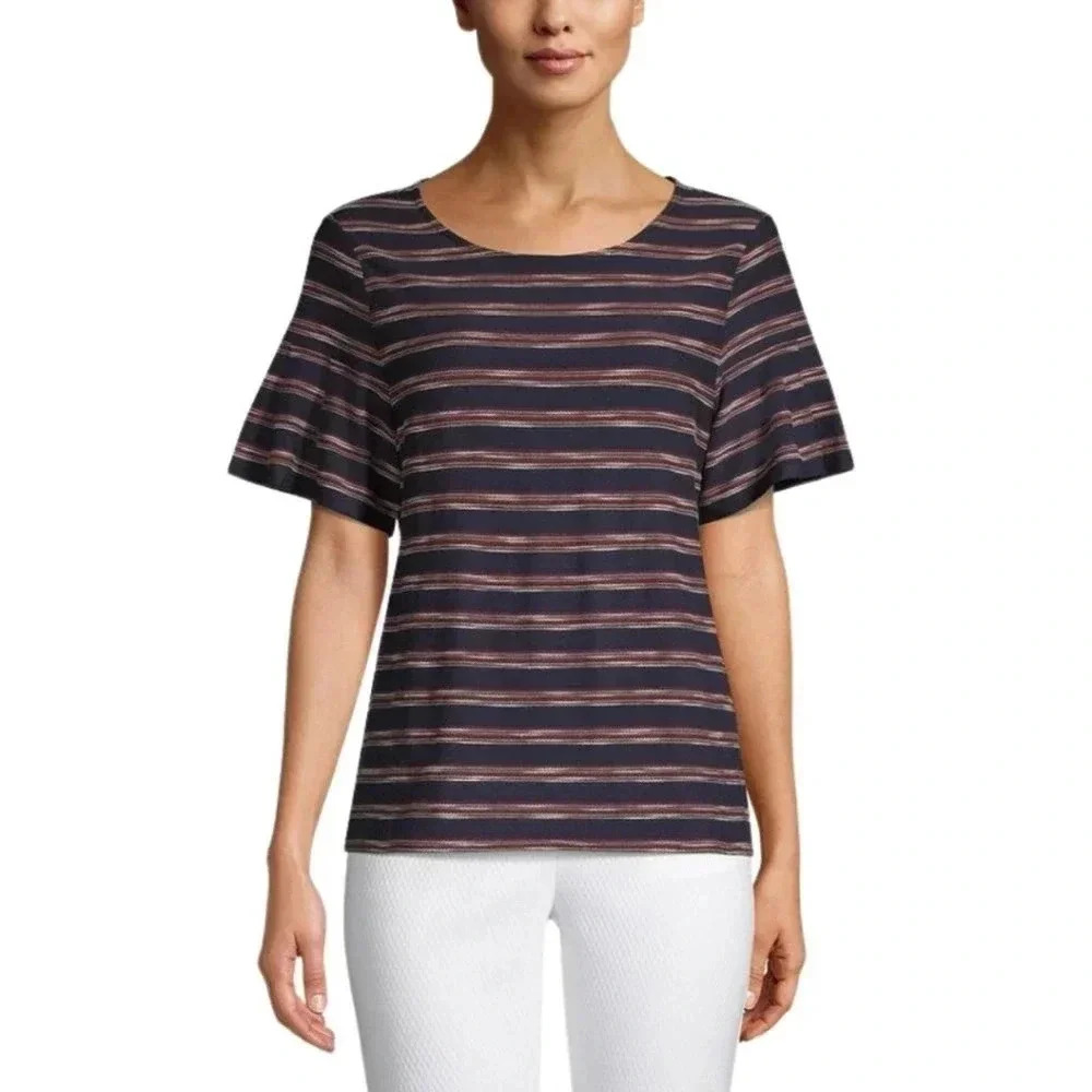 Chicos Preppy Embroidered Striped Casual Short Sleeve Tee Size 2 US L/12